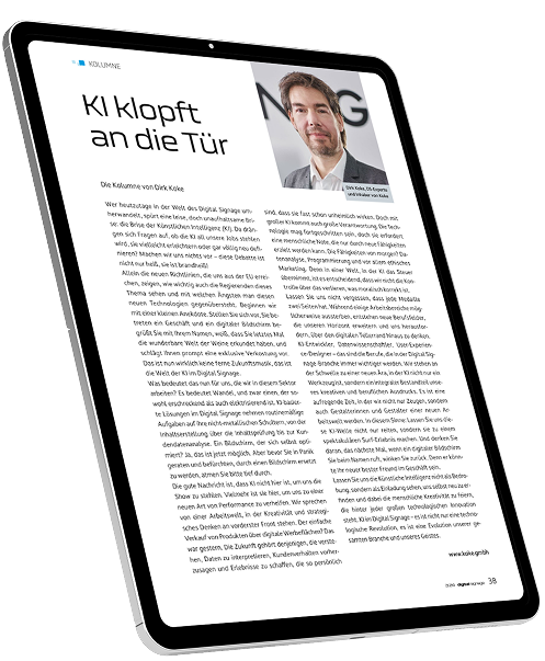 Abbildung der Kolumne "KI klopft an die Tür" von Dirk Koke in der Fachzeitschrift Digital Signage