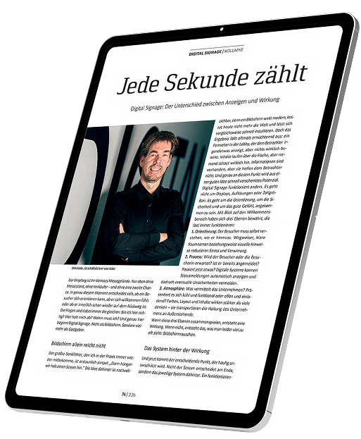 Abbildung der Kolumne "Jede Sekunde zählt" von Dirk Koke in der Fachzeitschrift Werbetechnik