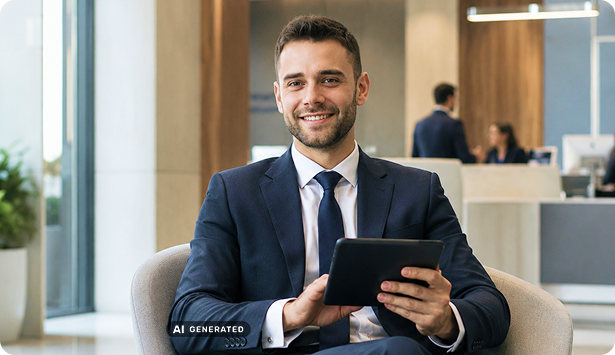 Ein Bankangestellter ändert lächelnd Daten auf einem Tablet