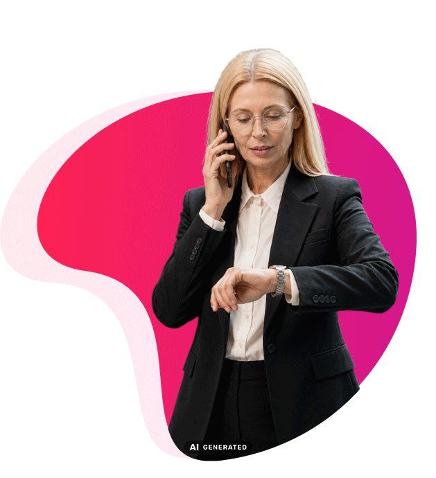 Eine Bankangestellt schaut auf ihre Armbanduhr und hält ein Mobiltelefon an ihr Or