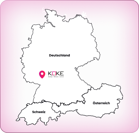 Eine schlichte Landkarte des DACH-Raums mit einem Pin und Logo von KOKE am Standort von KOKE in Pfungstadt