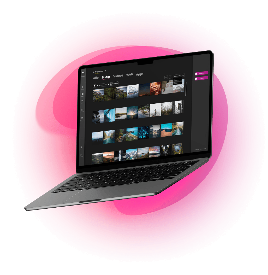 Ein Laptop ist zu sehen, auf dessen Bildschirm die Bildauswahl im Content-Management-System KMS von KOKE abgebildet ist