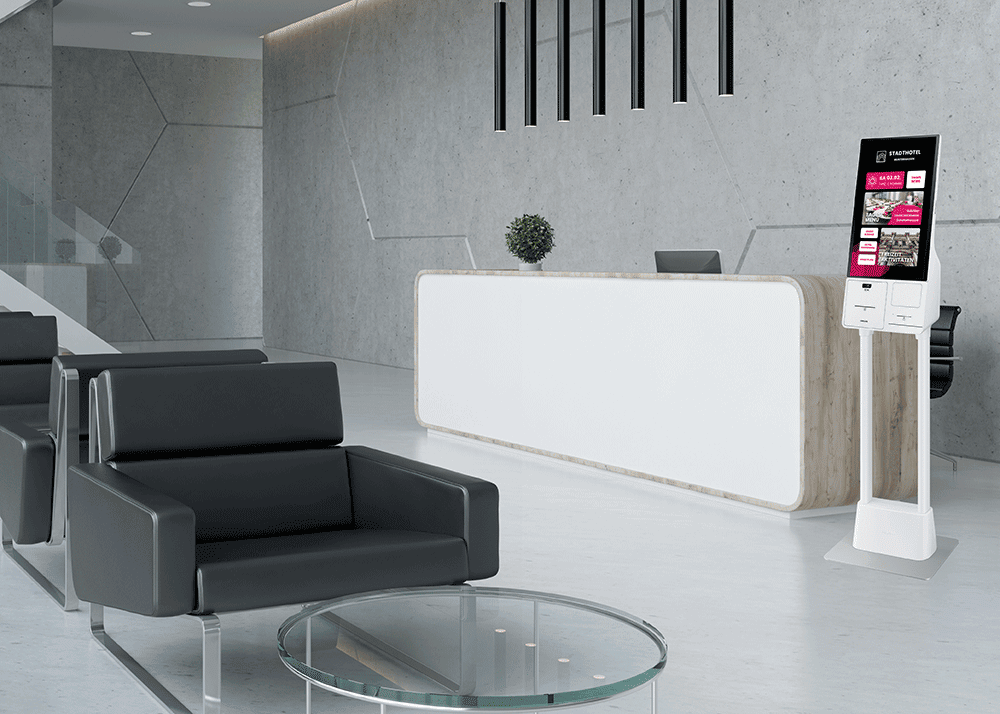 Eyecatcher und digitale Service-Station im Empfangsbereich