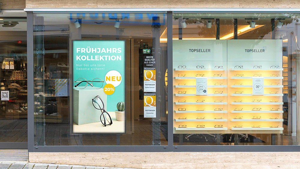 Beidseitige Display-Stelen eignen sich perfekt für offen gestaltete Schaufensterbereiche