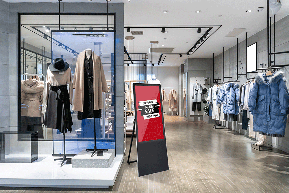 Nutze mobile Signage-Geräte wie den digitalen Kundenstopper für Werbevideos Deiner Angebote