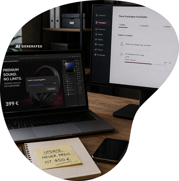 Ein Computerbildschirm und ein Laptop sind zu sehen mit einem Produktpreis. Ein Notizzettel davor zeigt den neuen Preis, der noch nicht im System eingegeben ist.