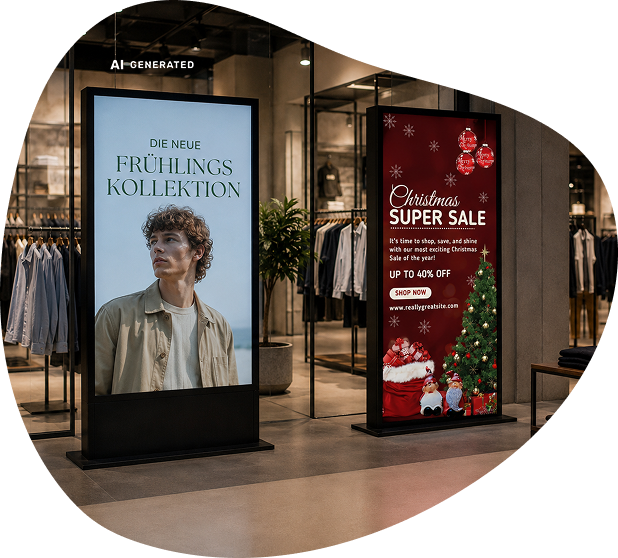 Ein Bekleidungsgeschäft mit zwei Displays: eines wirbt für die FRühjahrs-Kollektion, das zweite zeigt noch die veraltete Weihnachtswerbung an.
