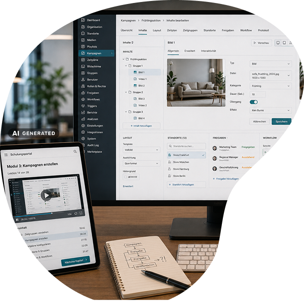 Zu sehen ist ein Schreibtisch mit einem Monitor und einem Tablet, auf welchen ein viel zu kompliziertes Content-Management-System abgebildet ist