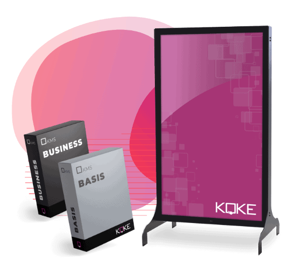 KOKE Hardware Aufsteller und KOKE-Management- Software Verpackungen werden zusammen angezeigt. Im Hintergrund sieht man eine grafische Bubble in den Verlaufsfarben Pink-Lila.