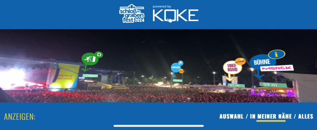 Screenshot der KOKE-AR-Anwendung mit praktischen Informationen zur Orientierung auf dem Schlossgrabenfest 2024